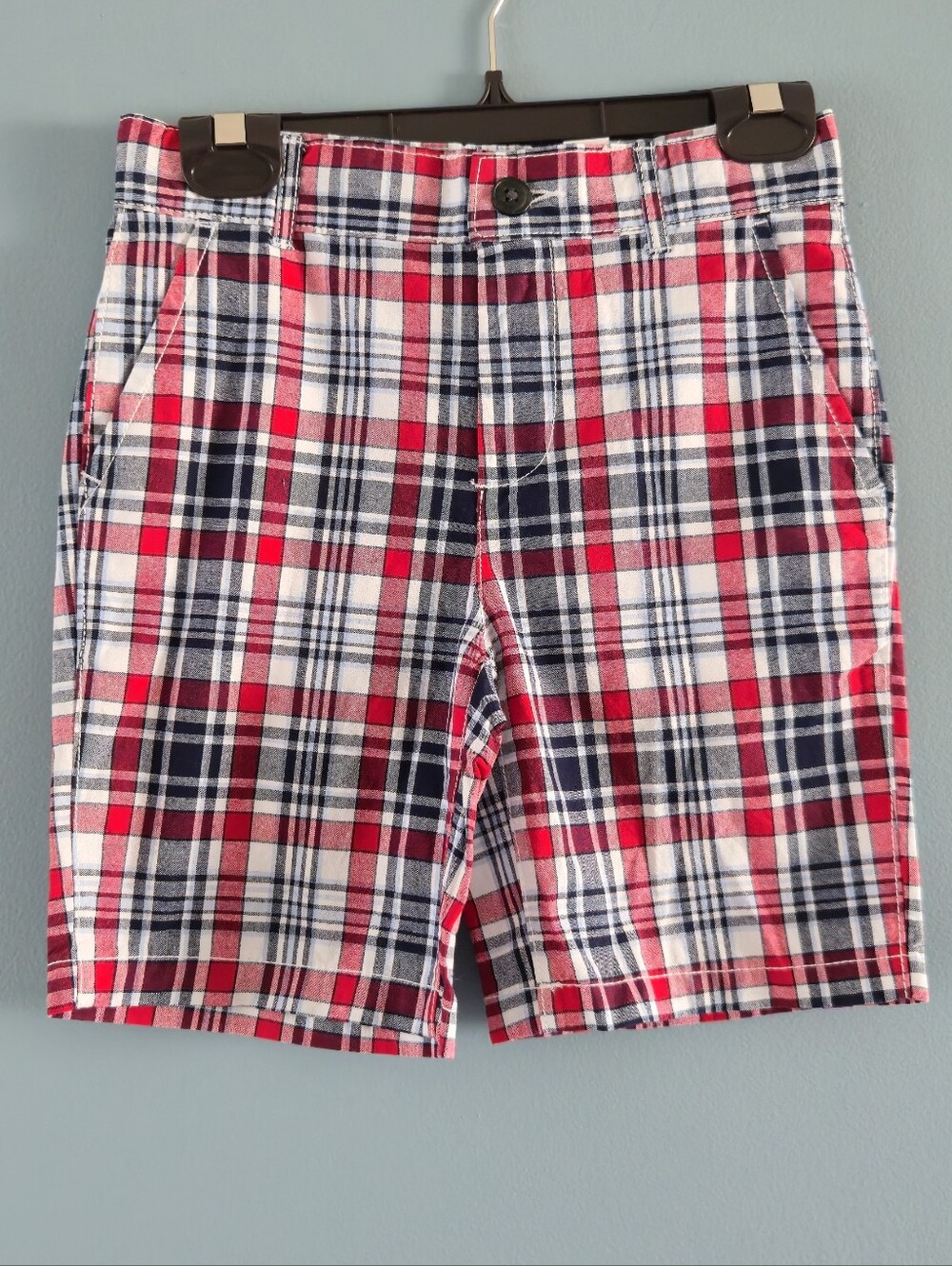 NEW Boys (7) Red Navy White Plaid Cotton Shorts